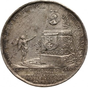 18. století, Elbląg, Fridrich Vilém II., medaile ražená v roce 1787 u příležitosti narozenin pruského krále a 550. výročí města Elbląg