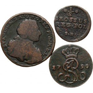 Stanisław August Poniatowski, zestaw 3 miedzianych monet ze starymi etykietkami