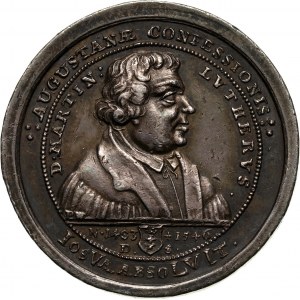 August II Mocny, Gdańsk, medal z 1730 roku, wybity z okazji 200-lecia ogłoszenia Wyznania Augsburskiego, Marcin Luter i Jan Hus