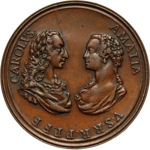 August III, medal z 1738 roku, wybity z okazji ślubu Karola III z Marią Amalią Wettyn, córką Augusta III