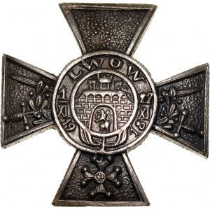 II RP, miniatura odznaki, Krzyż Obrony Lwowa z orderem Virtuti Militari i mieczami 1921