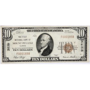 USA, National Currency, Illinois, First National Bank of Mount Pulaski, 10 Dollars 1929