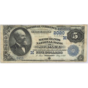 USA, National Currency, Minnesota, Merchants National Bank of Saint Paul, 5 Dollars 1882