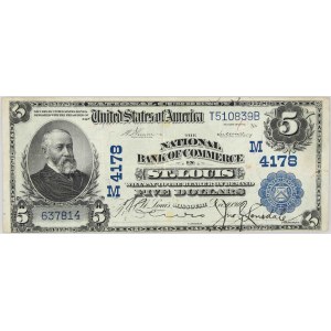 USA, Missouri, The National Bank of Commerce in Saint Louis, 5 Dollars 1909, Plain Back