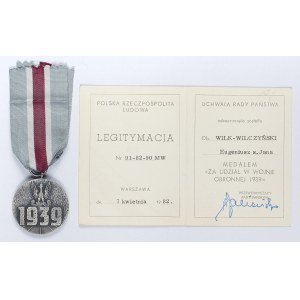 Legitymacja Do Medalu za Udział W Wojnie Obronnej 1939