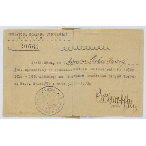 Legitymacja - Potwierdzenie Nadania Medalu Pamiątkowego Za Wojnę 1918-1921
