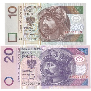 10 i 20 złotych 1994 - identyczna seria oraz numer seryjny