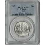 Żaglowiec, 5 złotych 1936 - PCGS MS62