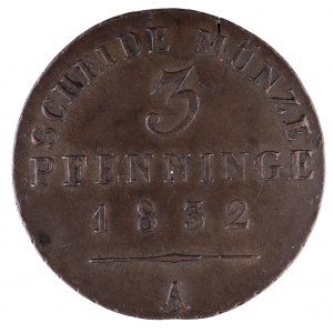 Niemcy, Prusy, Fryderyk Wilhelm III, 1797 - 1840, 3 pfenninge 1832, Berlin.