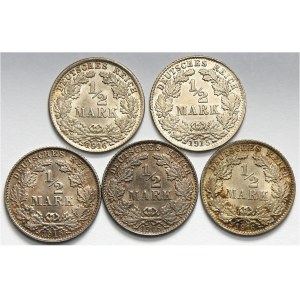 Niemcy, Cesarstwo Niemieckie 1871-1918, zestaw monet półmarkowych 1906-1916