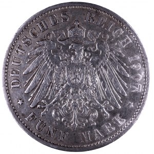 Niemcy, Cesarstwo Niemieckie 1871-1918, Saksonia - Fryderyk August III 1904-1918, 5 marek 1907 E, Muldenhütten