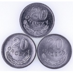 PRL 1944-1989, zestaw 3 monet 20 groszowych 1968, 1972, 1973