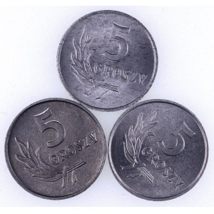 PRL 1944-1989, zestaw 3 monet 5 groszowych 1962, 1963, 1972