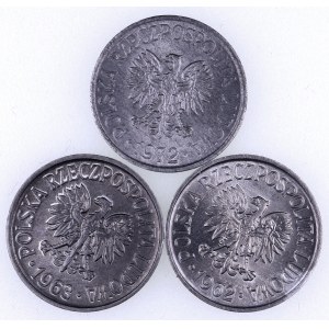 PRL 1944-1989, zestaw 3 monet 5 groszowych 1962, 1963, 1972