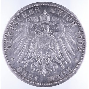 Niemcy, Cesarstwo Niemieckie 1871-1918, Wirtembergia - Wilhelm II 1891-1918, 3 marki 1909 F, Stuttgart