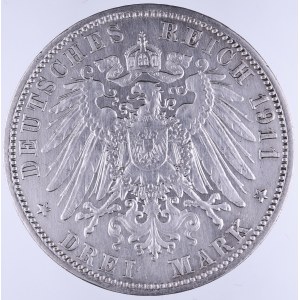 Niemcy, Cesarstwo Niemieckie 1871-1918, Badenia - Fryderyk II 1907-1918, 3 marki 1911 G, Karlsruhe