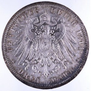 Niemcy, Cesarstwo Niemieckie 1871-1918, Prusy, Wilhelm II 1888-1918, 3 marki 1914 A, Berlin, popiersie cesarza w mundurze