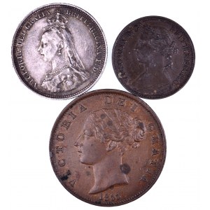 Wielka Brytania, Wiktoria 1837-1901, zestaw 3 monet.