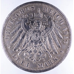 Niemcy, Cesarstwo Niemieckie 1871-1918, Prusy, Wilhelm II 1888-1918, 3 marki 1913 A, Berlin, popiersie cesarza w mundurze