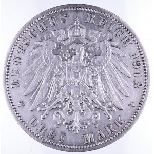 Niemcy, Cesarstwo Niemieckie 1871-1918, Saksonia - Fryderyk August III 1904-1918, 3 marki 1913 E, Muldenhütten