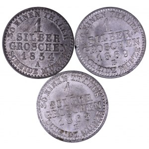 Niemcy, Prusy, zestaw trzech monet srebrny grosz 1854 A, 1868 B,1869 B.