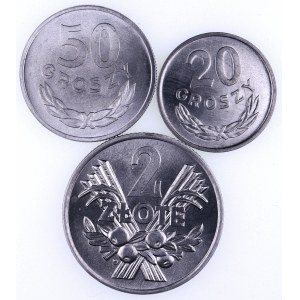 PRL 1944-1989, zestaw 20 groszy 1963, 50 groszy 1957, 2 złote 1970.