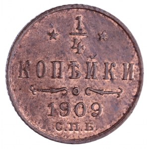 Rosja, Mikołaj II 1894-1917, 1/4 kopiejki 1909, Petersburg.