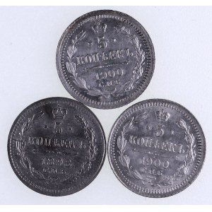 Rosja, Mikołaj II 1894-1917, zestaw 3 monet 5 kopiejek 1898, 1900, Petersburg.