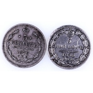 Rosja, zestaw monet 5 kopiejek 1835, 1876, Petersburg.