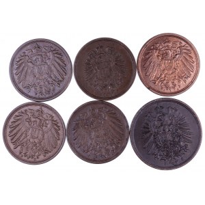 Niemcy, Cesarstwo Niemieckie 1871-1918, zestaw 6 drobnych monet obiegowych.