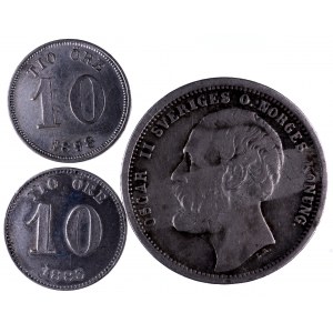 Szwecja, Oscar II 1872 - 1907, zestaw trzech monet.