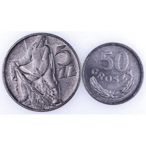 PRL 1944-1989, zestaw 2 monet 50 groszy 1968, 5 złotych 1960.