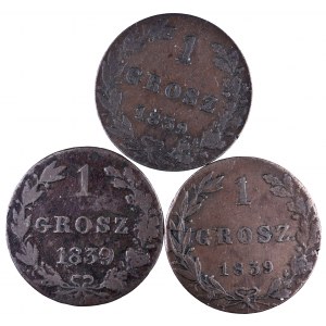 Zabór Rosyjski, Mikołaj I 1825-1855, zestaw 3 monet 1 grosz 1939, Warszawa.