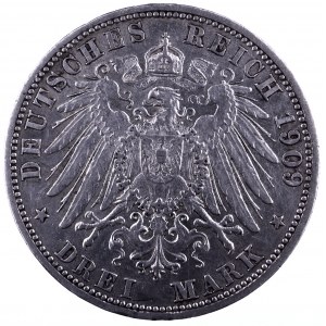 Niemcy, Cesarstwo Niemieckie 1871-1918, Badenia, Fryderyk II 1907 -1918, 3 marki 1909 G, Karlsruhe.