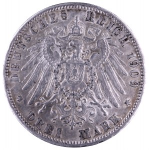 Niemcy, Cesarstwo Niemieckie 1871-1918, Wirtembergia, Wilhelm II 1891 - 1918, 3 marki 1909 F, Stuttgart.
