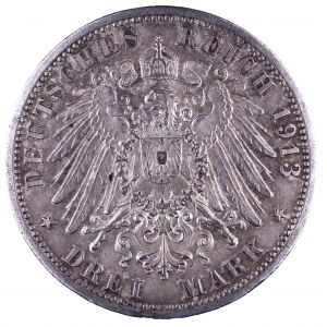 Niemcy, Cesarstwo Niemieckie 1871-1918, Prusy, Wilhelm II 1888 - 1918, 3 marki 1913 A, Berlin.