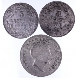 Niemcy, Badenia, zestaw trzech monet 3 kreuzer 1866, 1870, 10 kreuzer 1830.