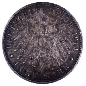 Niemcy, Cesarstwo Niemieckie 1871-1918, Prusy, Wilhelm II 1888-1918, 5 marek 1914 A, Berlin, popiersie cesarza w mundurze