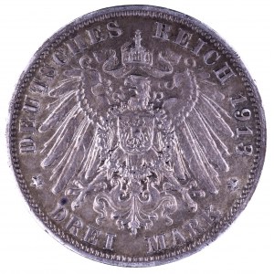 Niemcy, Cesarstwo Niemieckie 1871-1918, Saksonia - Fryderyk August III 1904-1918, 3 marki 1913 E, Muldenhütten, wybite z okazji 100. rocznicy zwycięstwa pod Lipskiem