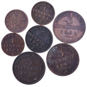 Niemcy, Prusy, zestaw monet 1,2 i 3 pfenninge z lat 1821-1870 ( 7 szt )