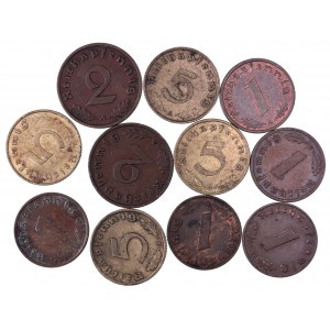 Niemcy, III Rzesza 1933-1945, zestaw drobnych monet obiegowych 1,2 i 5 Pf z lat 1937-1940 (11 szt.)