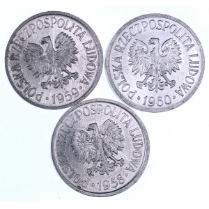 PRL 1944-1989, zestaw 3 monet 5 groszowych 1958, 1959, 1960.