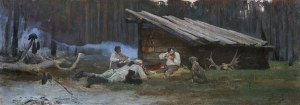 Fałat Julian, PRZY OGNISKU. PO POLOWANIU W NIEŚWIEŻU, 1889