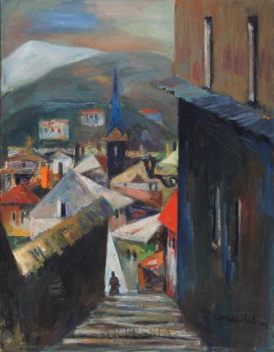 Eugeniusz Tukan-Wolski (1928-2014), Widok miasta z wieżą kościoła, 1959
