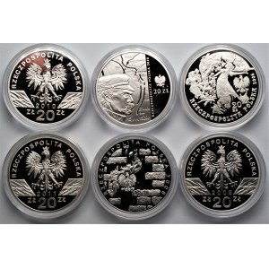 Zestaw 6 monet kolekcjonerskich - 20 złotych (2006-2011) 170,40 gram Ag 925