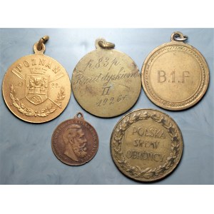 Zestaw medali 5 sztuk - m.in. Ósemki Poznań 1928, rzut dyskiem 1926