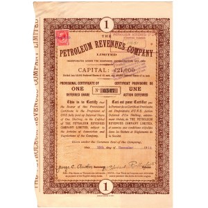 Tymczasowy Certyfikat na 1 akcję Petroleum Revenues Company 1911