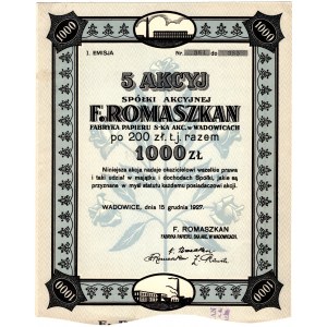 F. Romaszkan Fabryka Papieru Spółka Akcyjna w Wadowicach - Em.1, - 5 x 200 złotych 1927