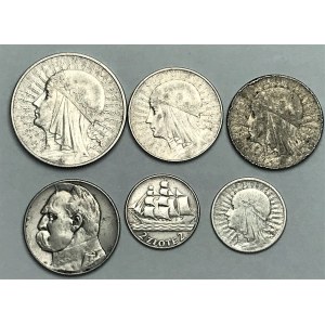 II RP - zestaw 6 srebrnych monet - Piłsudski Strzelecki, Polonia, Żaglowiec