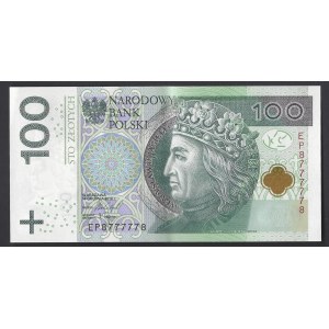 100 złotych 2018 - seria EP numeracja radarowa 8777778